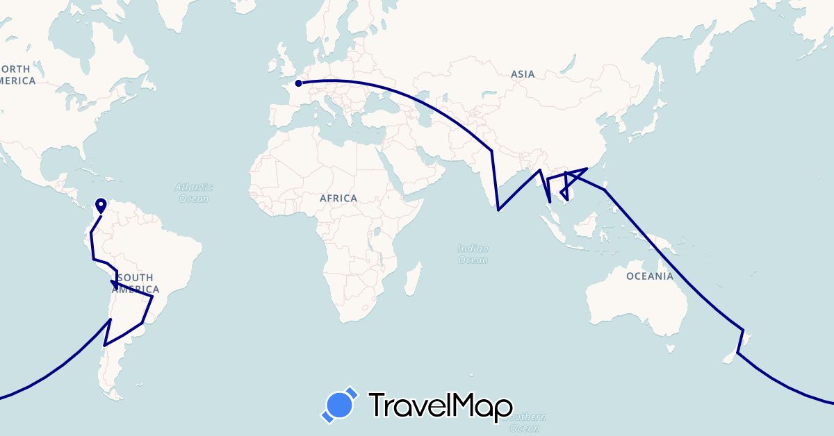 TravelMap itinerary: driving in Argentina, Bolivia, Chile, Colombia, Ecuador, France, Hong Kong, India, Cambodia, Sri Lanka, Myanmar (Burma), New Zealand, Peru, Philippines, Thailand, Vietnam (Asia, Europe, Oceania, South America)